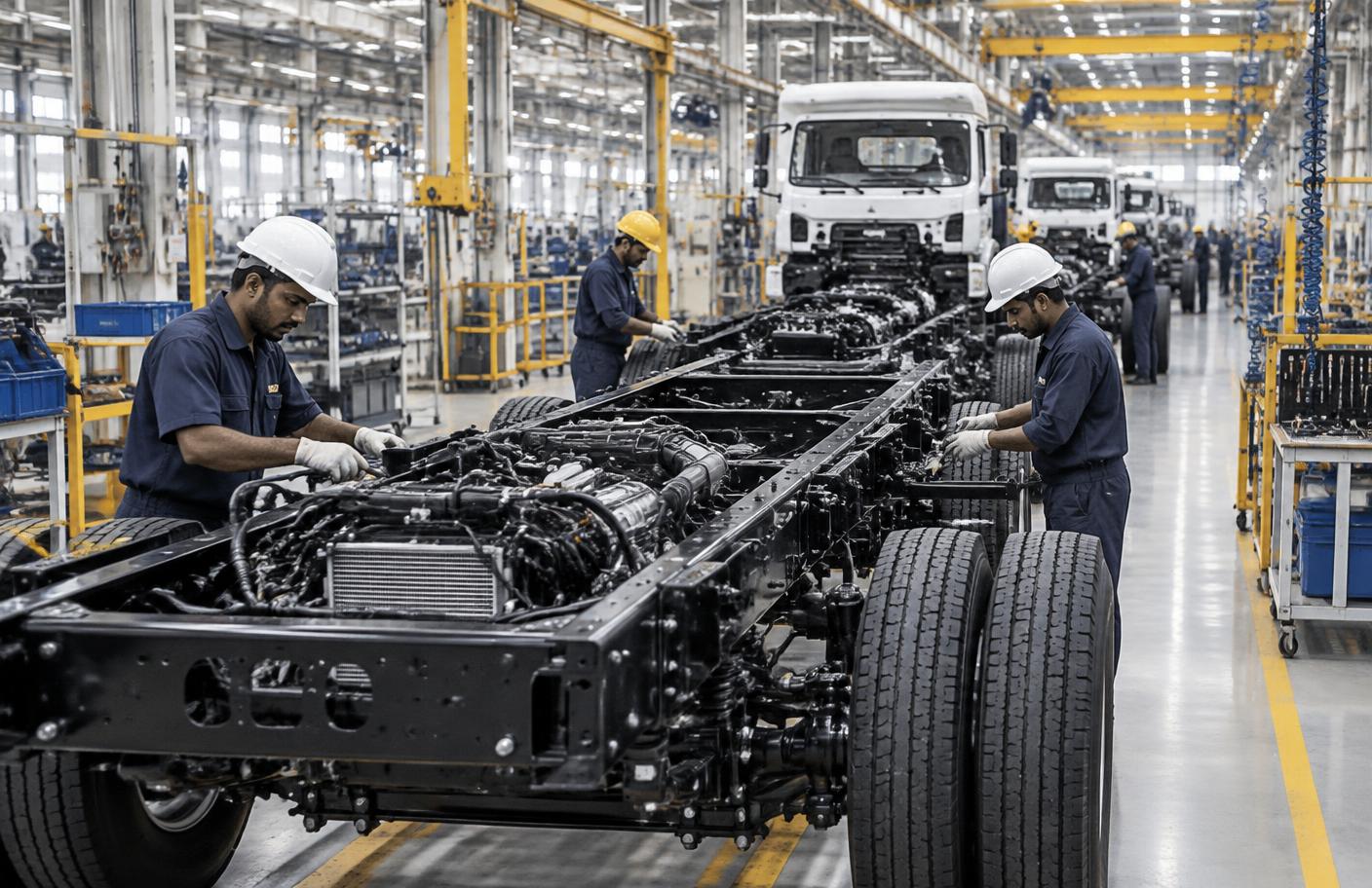 Technicians working along a commercial vehicle chassis assembly line