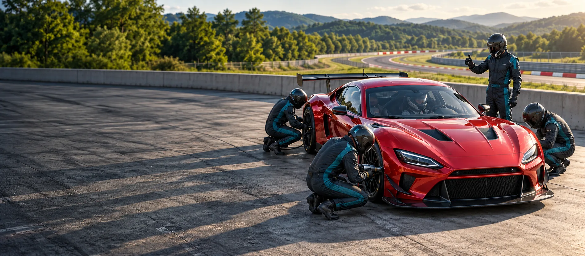 Pit crew in dark suits with teal stripes servicing a red race car at a pit stop